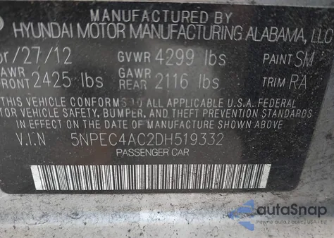 2013 Hyundai Sonata Se z USA, uszkodzony, nr VIN 5NPEC4AC2DH519332